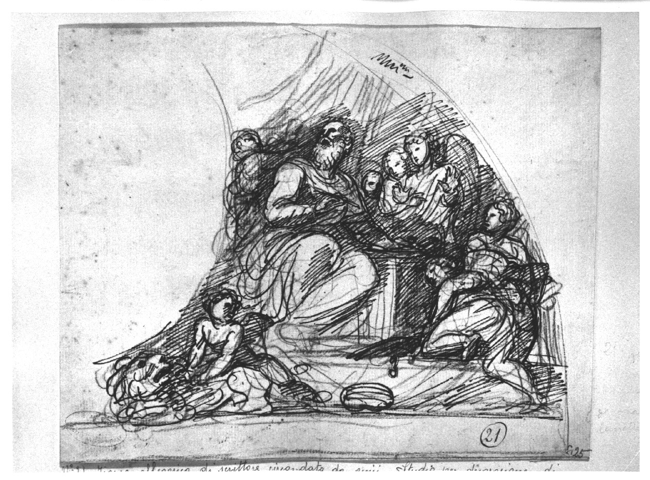 Figura allegorica di scrittore circondata da genii, studio per la decorazione di una lunetta, San Girolamo (disegno, opera isolata) di Appiani Andrea (sec. XVIII)