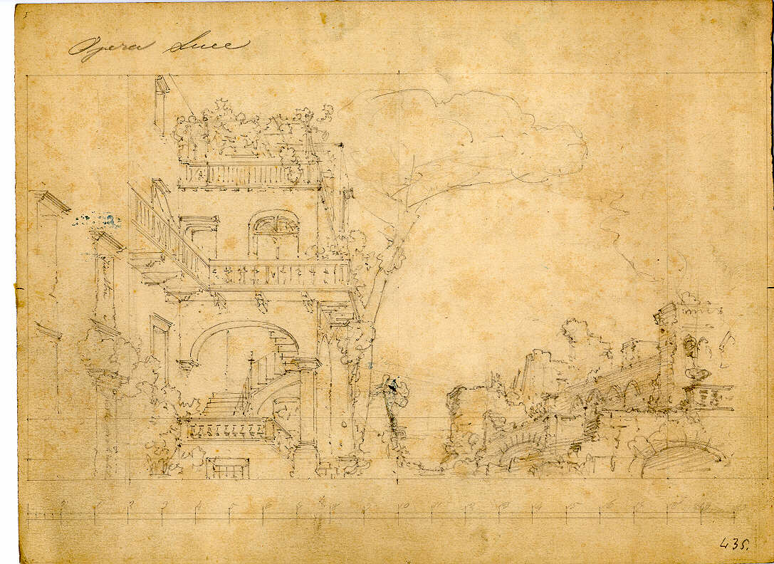 Fattoria, paesaggio con rovine (disegno, opera isolata) di Ferrario Carlo (sec. XIX)