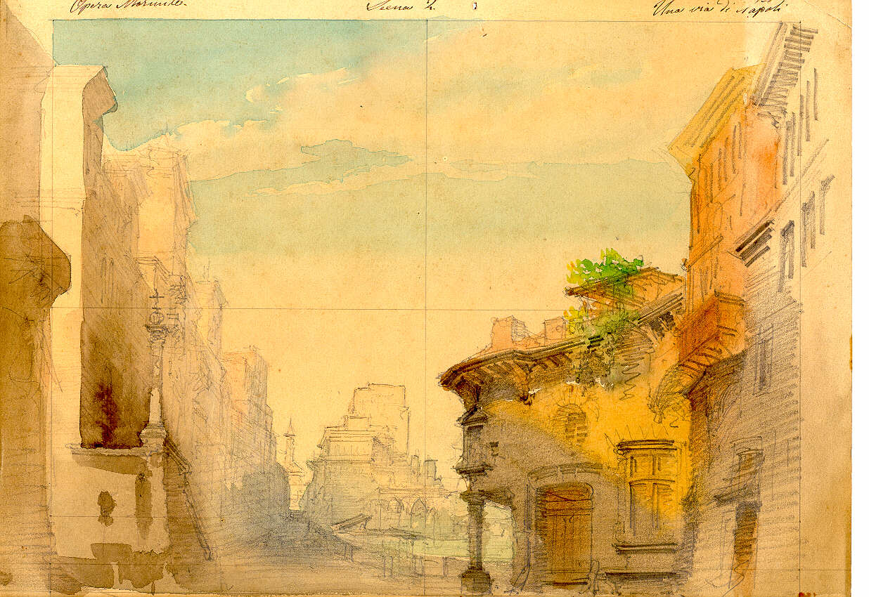Una larga via di Napoli, veduta di una strada di Napoli (disegno, opera isolata) di Ferrario Carlo (sec. XIX)