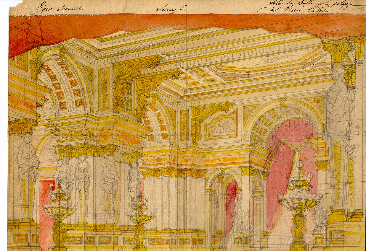 Anti sala della grand'aula nel palazzo del Vicerè, interno di salone (disegno, opera isolata) di Ferrario Carlo (sec. XIX)