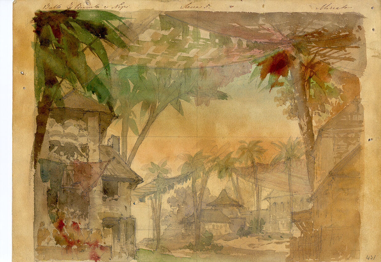 Mercato in un villaggio americano, veduta di villaggio tropicale (disegno, opera isolata) di Ferrario Carlo (sec. XIX)