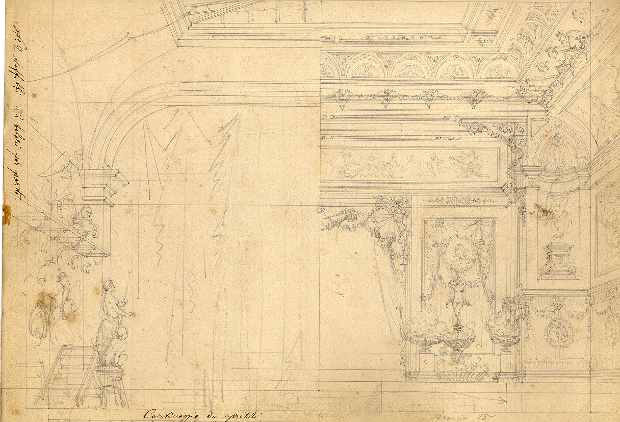 Studio di scultura improvvisato con tramezzi e cortine, interno di studio/ interno di salone (disegno, opera isolata) di Ferrario Carlo (sec. XIX)