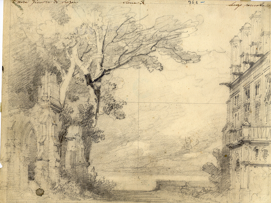 Luogo remoto presso il palazzo reale, paesaggio con palazzo e rovina gotica (disegno, opera isolata) di Ferrario Carlo (sec. XIX)