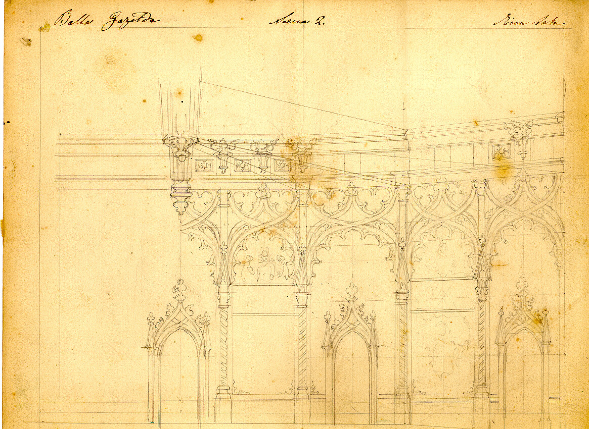 Ricca sala nel castello della baronessa di Rosenthal, interno di sala gotica (disegno, opera isolata) di Ferrario Carlo (sec. XIX)