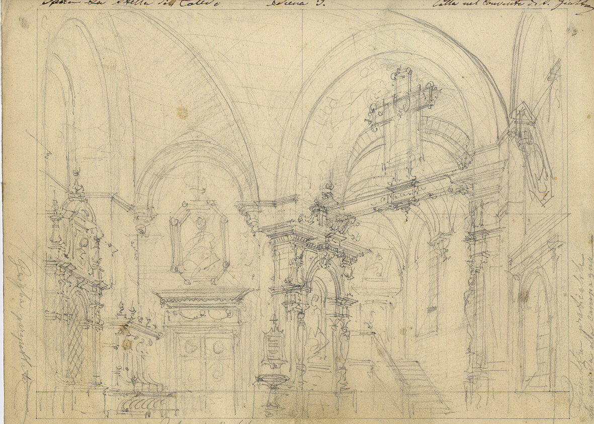 Cella nel convento di San Giusto, interno di convento (disegno, opera isolata) di Ferrario Carlo (sec. XIX)