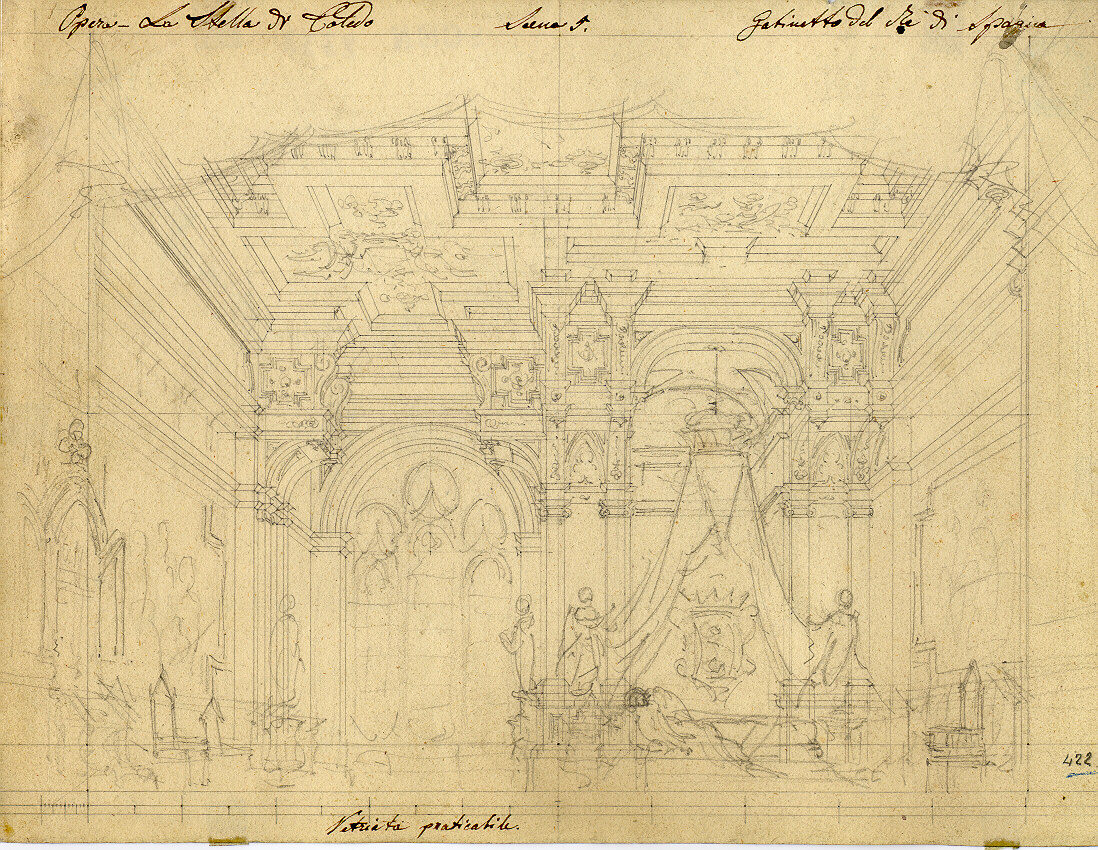 Gabinetto reale nell'Alcatar di Toledo, interno di salone reale (disegno, opera isolata) di Ferrario Carlo (sec. XIX)