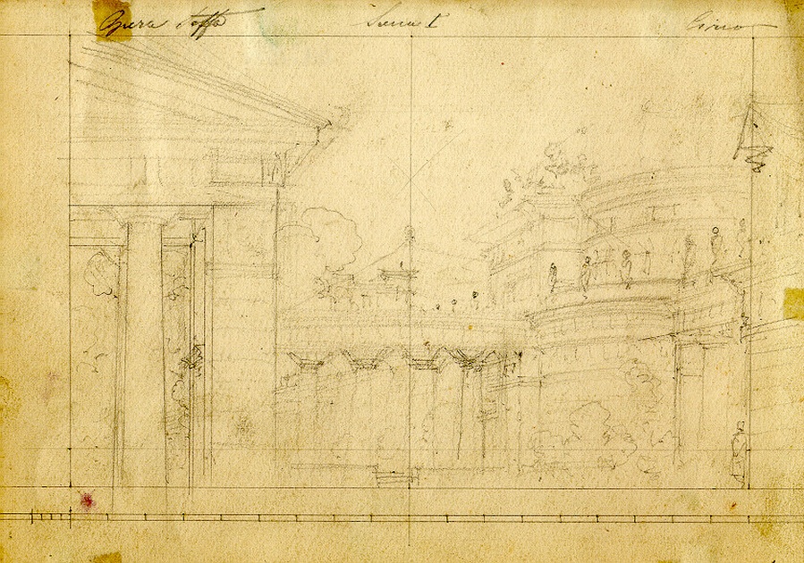 Il circo visto dall'esterno, veduta di città greca con circo (disegno, opera isolata) di Ferrario Carlo (sec. XIX)