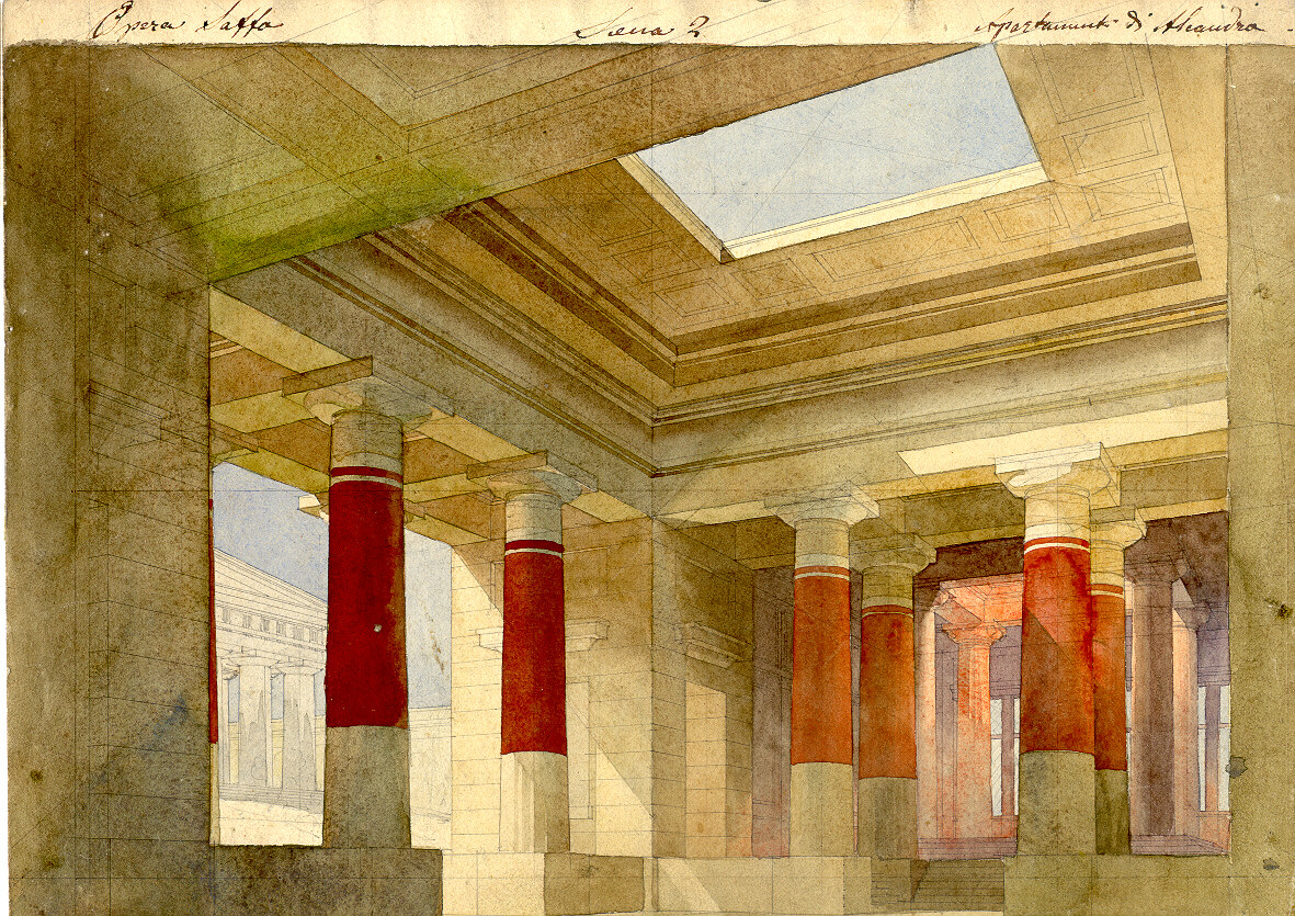 Appartamenti di AlesSandro annessi al Tempio di Apollo, interno di sala classica (disegno, opera isolata) di Ferrario Carlo (sec. XIX)