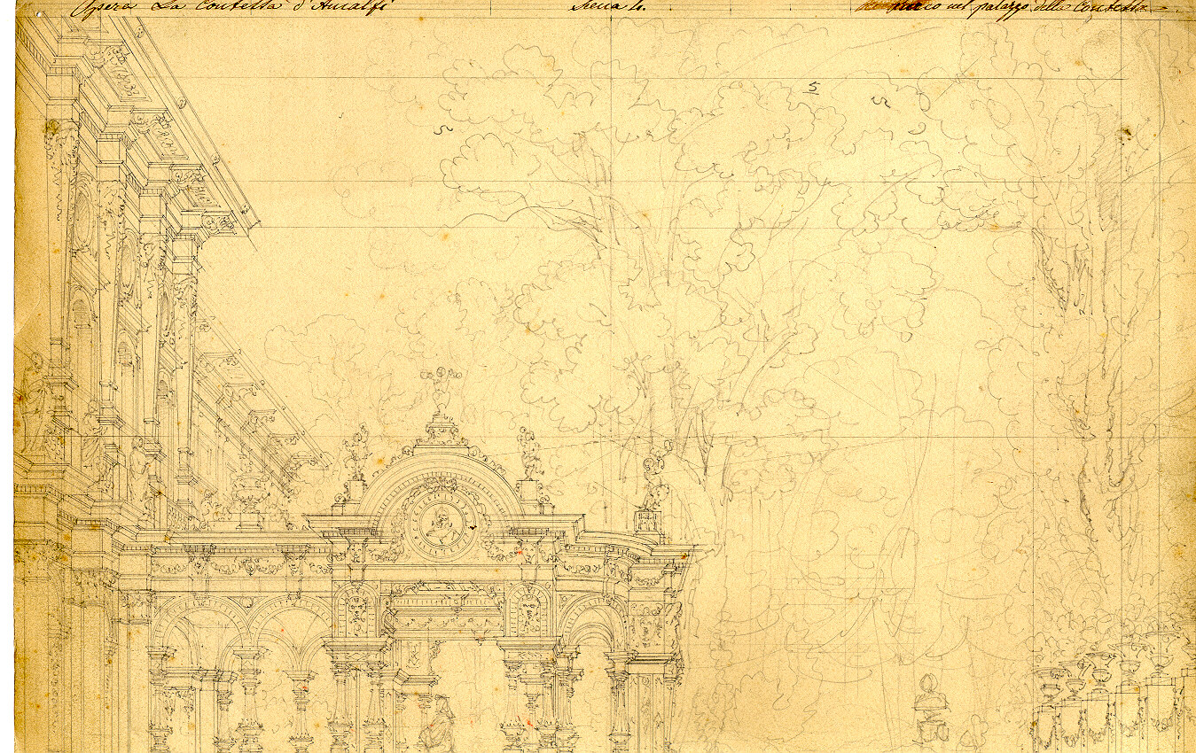 Vasto recinto nel parco della Contessa d'Amalfi, Veduta di palazzo (disegno, opera isolata) di Ferrario Carlo (sec. XIX)