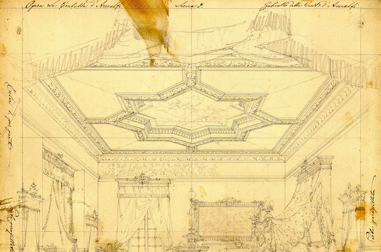 Gabinetto nel palazzo della contessa d'Amalfi, interno di stanza da letto (disegno, opera isolata) di Ferrario Carlo (sec. XIX)