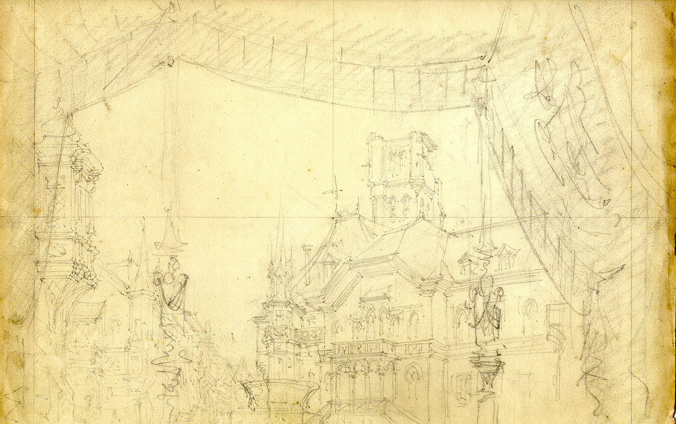 La piazza di Costanza vista da un padiglione, veduta di piazza con chiesa (disegno, opera isolata) di Ferrario Carlo (sec. XIX)