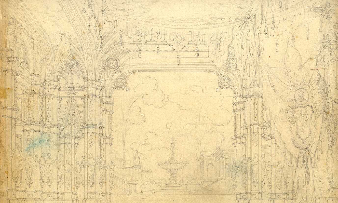 Atrio del palazzo reale, veduta di un palazzo (disegno, opera isolata) di Ferrario Carlo (sec. XIX)