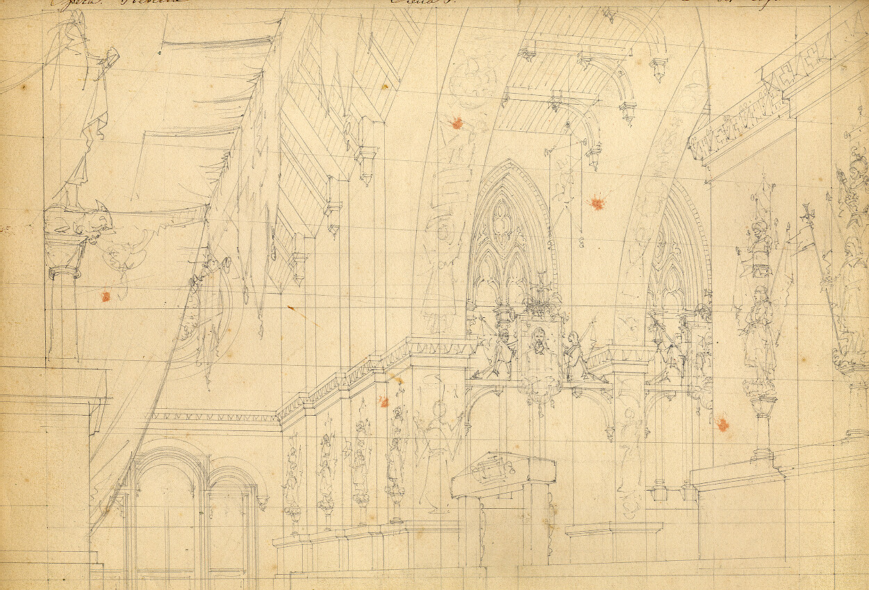Gran sala del Capitolo de "Templari" parata pel giudizio, interno di sala capitolare gotica (disegno, opera isolata) di Ferrario Carlo (sec. XIX)