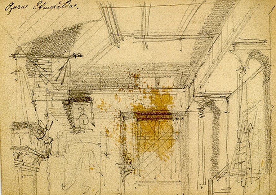 Camera in un albergo, interno di palazzo (disegno, opera isolata) di Ferrario Carlo (sec. XIX)