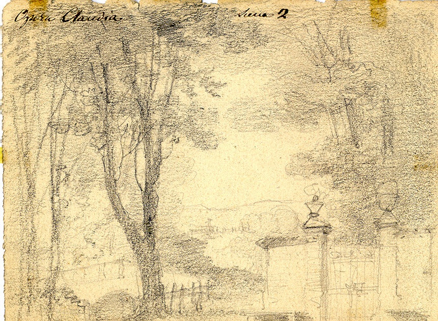 Ingresso di villa, paesaggio con architetture (disegno, opera isolata) di Ferrario Carlo (sec. XIX)