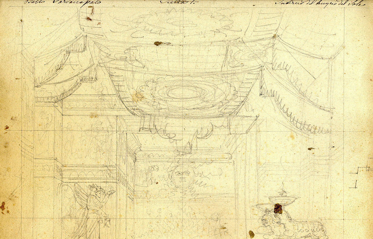 Interno del tempio del sole, interno di tempio/ interno di sala monumentale (disegno, opera isolata) di Ferrario Carlo (sec. XIX)