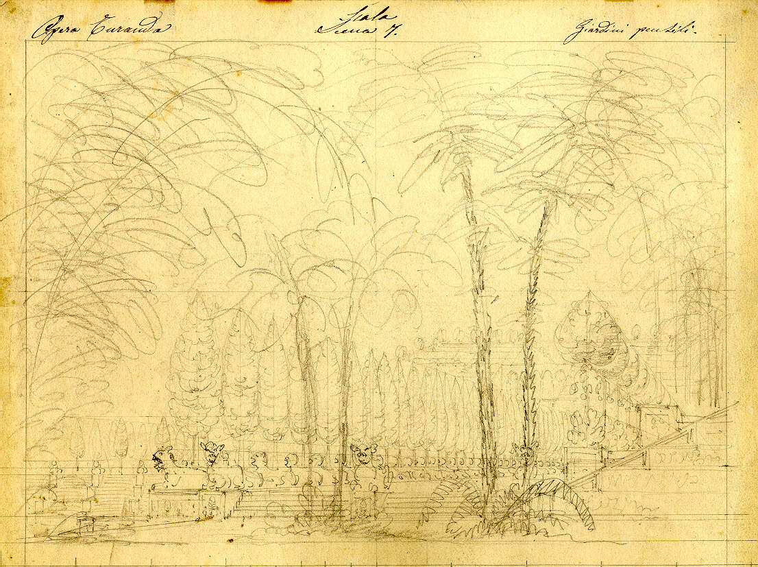 Giardini pensili nella reggia, giardino/ interno di sala (disegno, opera isolata) di Ferrario Carlo (sec. XIX)