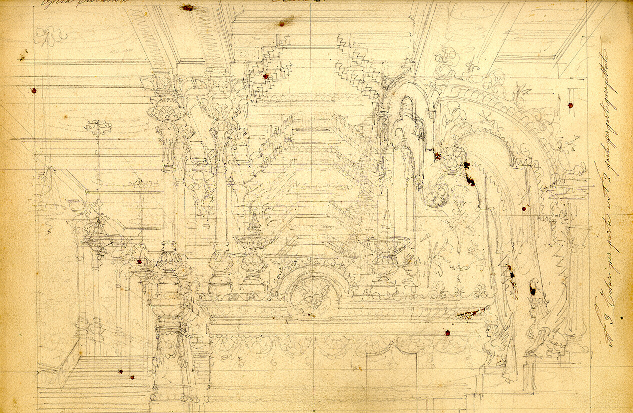 La sala dei banchetti, interno di palazzo con motivo decorativo moresco (disegno, opera isolata) di Ferrario Carlo (sec. XIX)