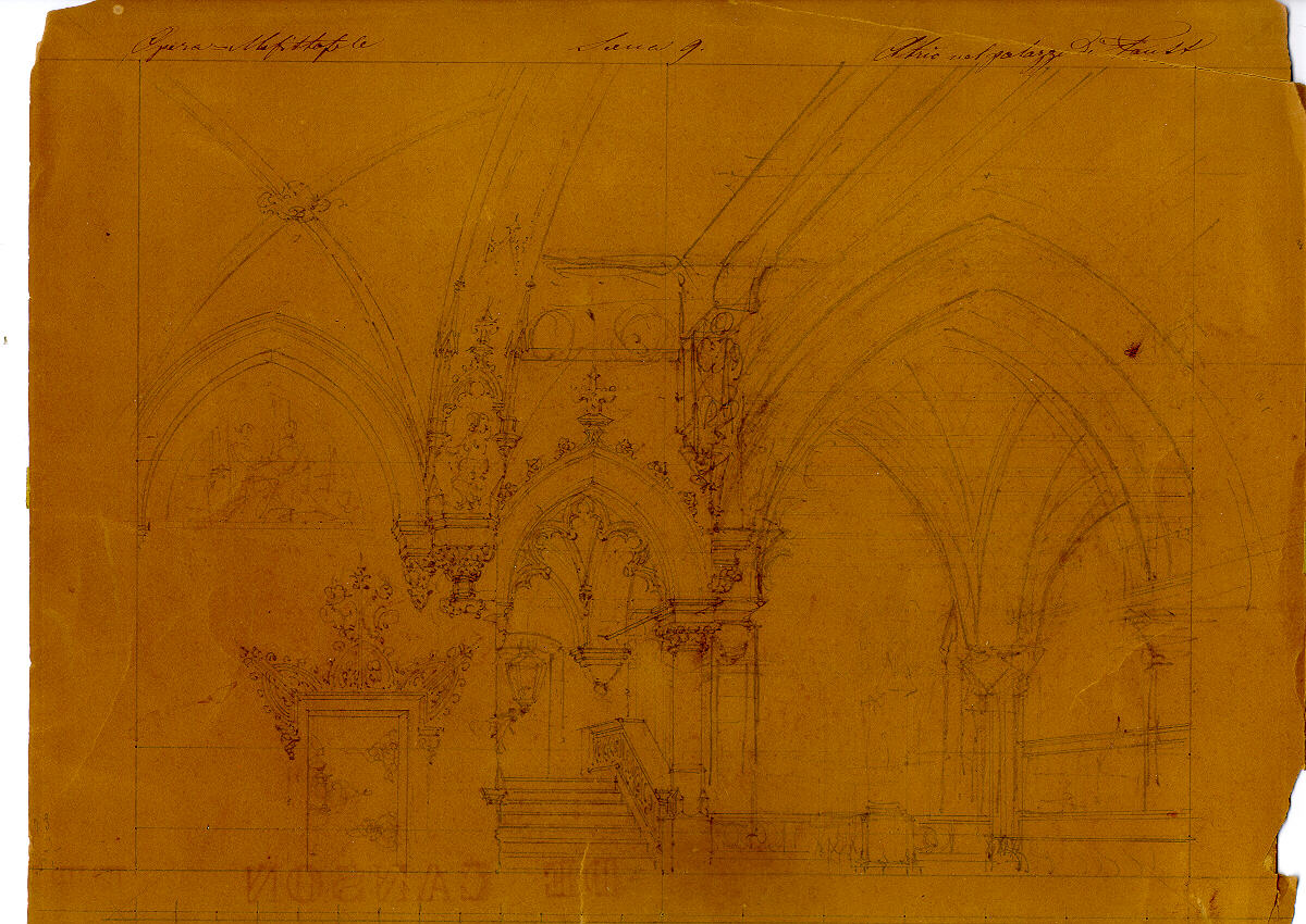 Atrio nel palazzo di Faust, interno con motivi decorativi architettonici (disegno, opera isolata) di Ferrario Carlo (sec. XIX, sec. XIX)