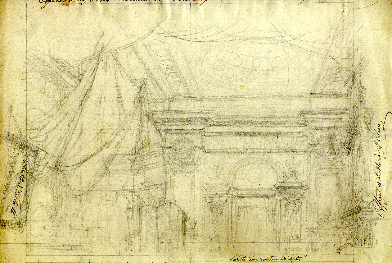 Sala attigua alla camera da letto della regina, interno con motivi decorativi architettonici (disegno, opera isolata) di Ferrario Carlo (sec. XIX)