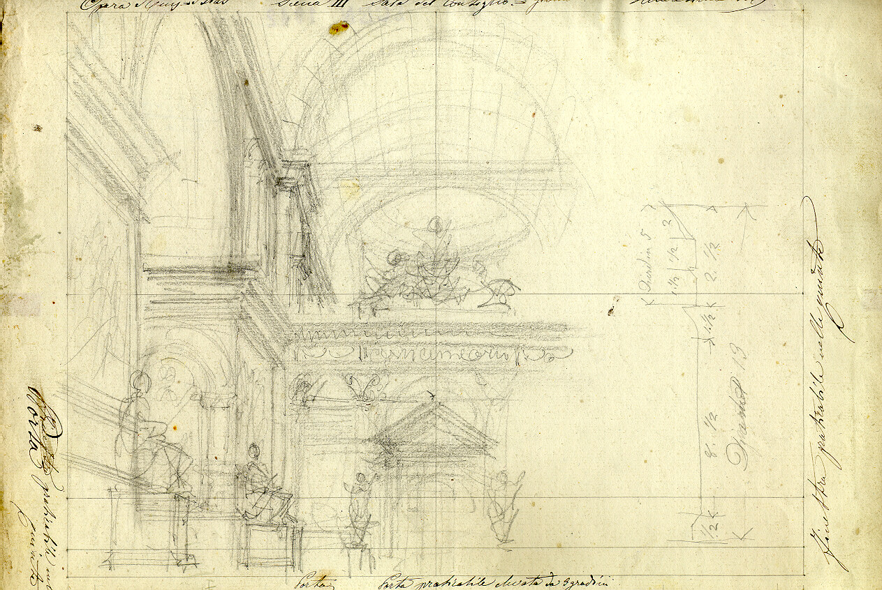 Sala del consiglio, interno con motivi decorativi architettonici (disegno, opera isolata) di Ferrario Carlo (sec. XIX)