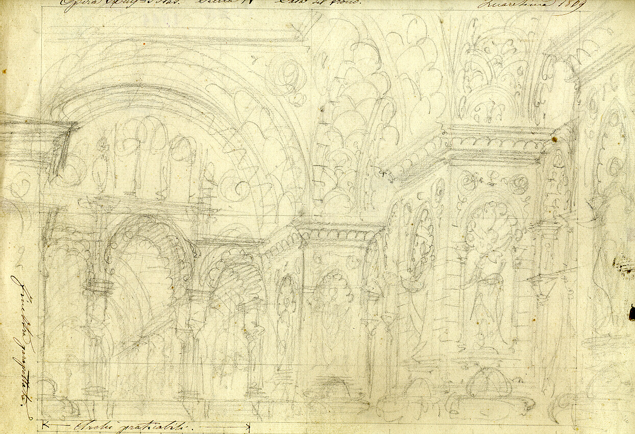 Sala del trono, interno con motivi decorativi architettonici (disegno, opera isolata) di Ferrario Carlo (sec. XIX)
