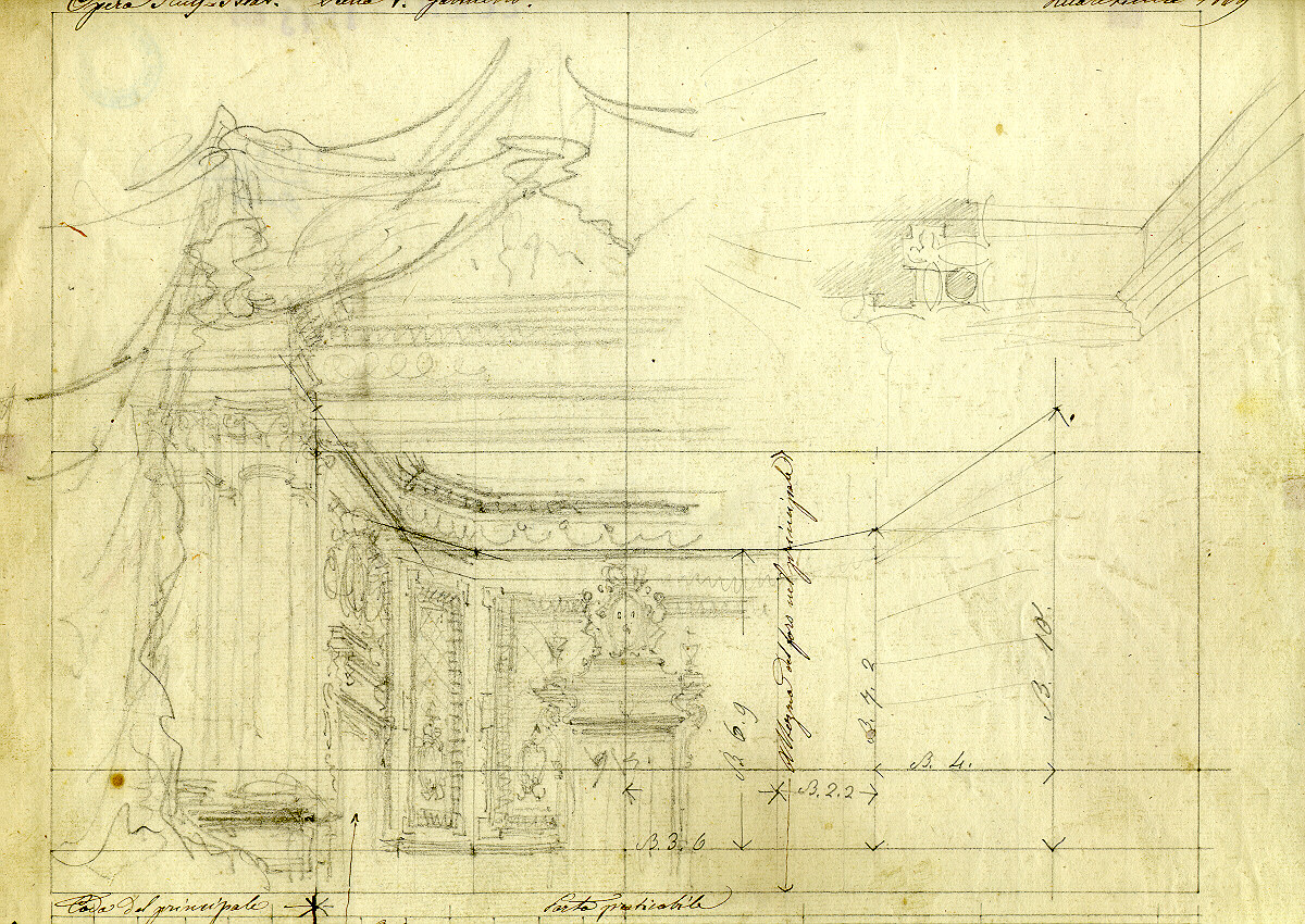 Gabinetto reale, interno con motivi decorativi architettonici (disegno, opera isolata) di Ferrario Carlo (sec. XIX)