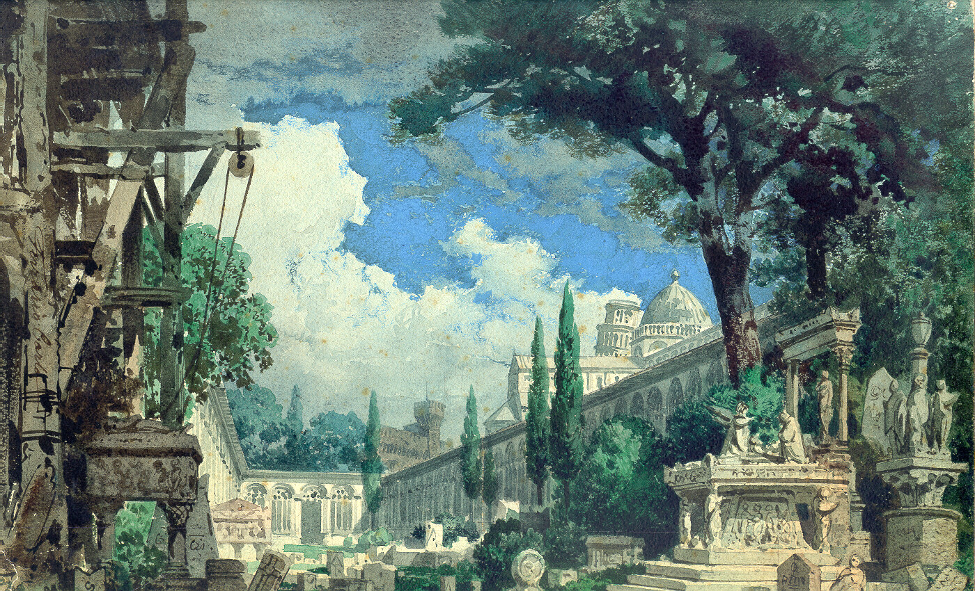 Paesaggio di città con cippi funebri (Pisa), veduta di città (disegno, opera isolata) di Ferrario Carlo (sec. XIX)