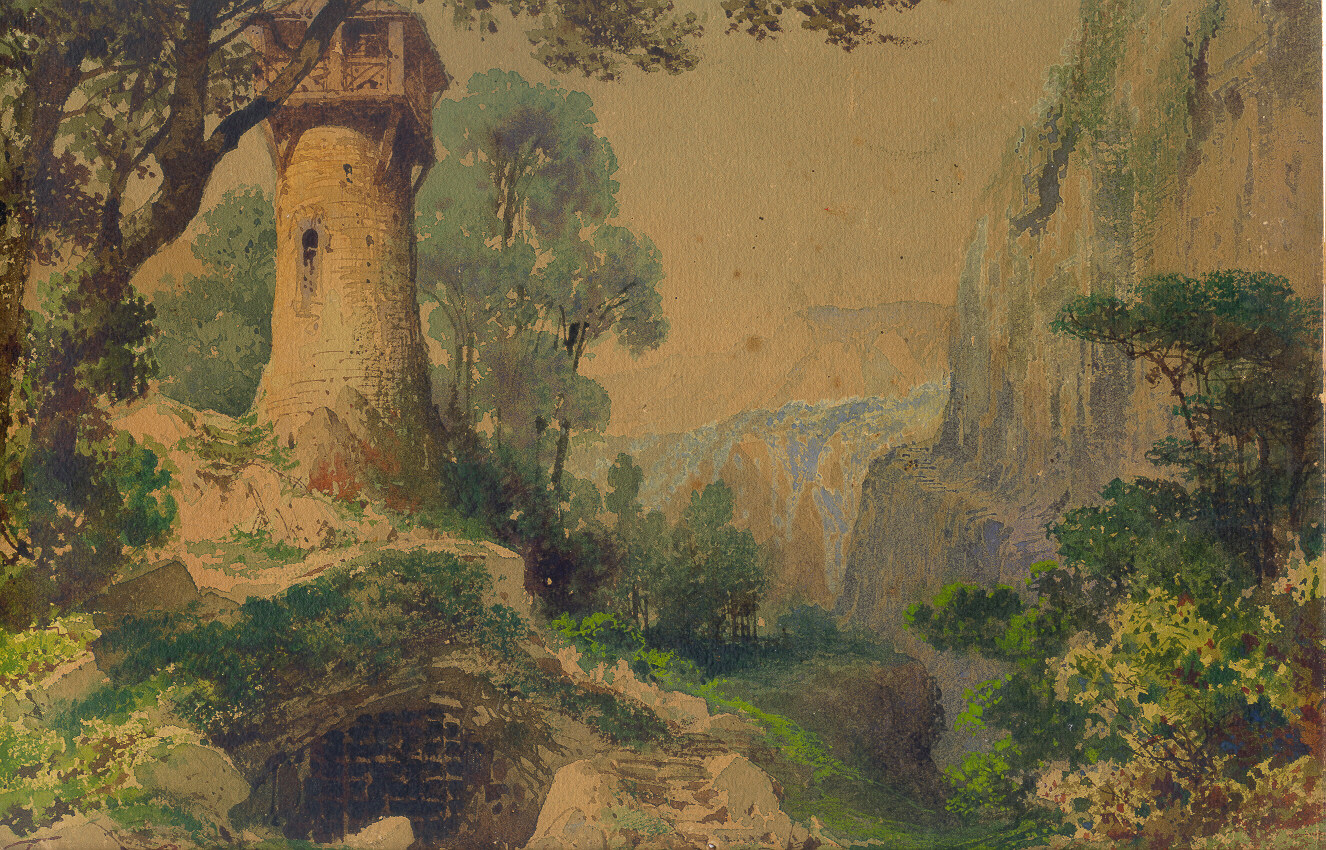 Pesaggio montuoso con torre, paesaggio con rovine (disegno, opera isolata) di Ferrario Carlo (sec. XIX)
