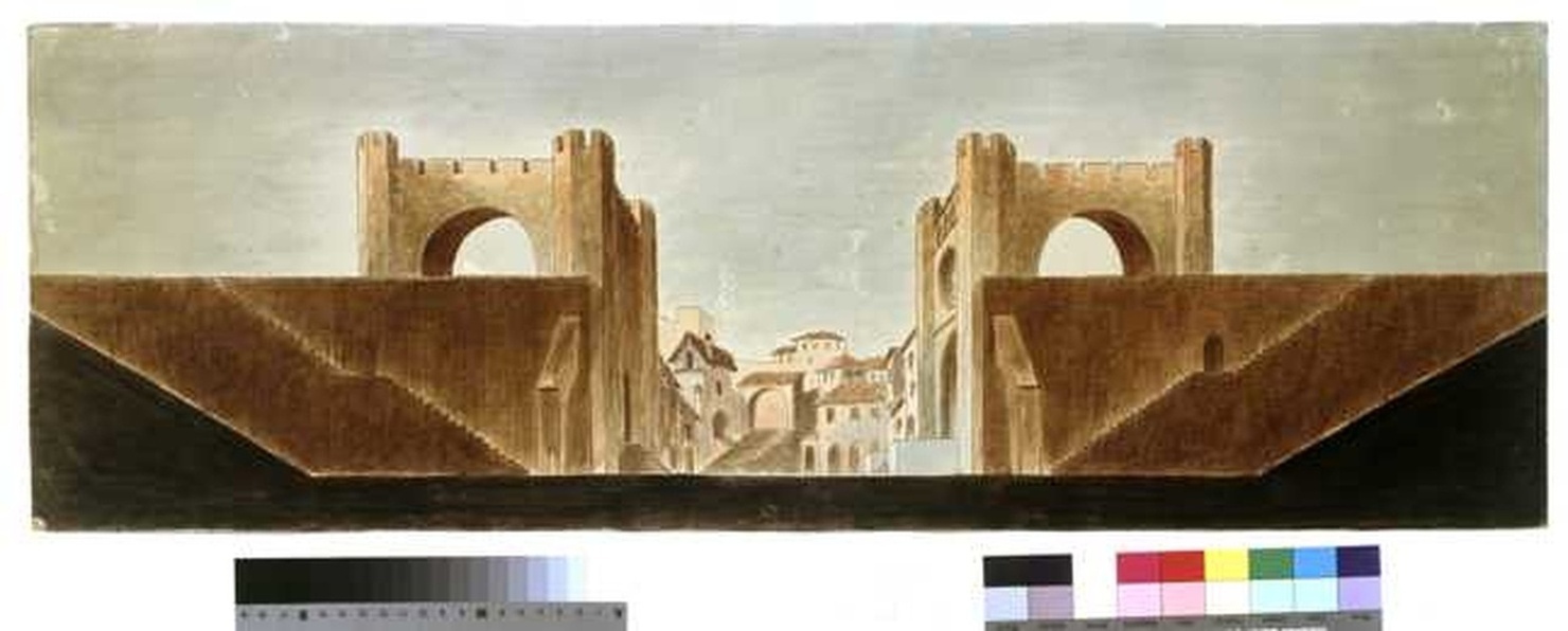 Mura urbiche e scena urbana, veduta di città (disegno, opera isolata) di Tamberlani Ferdinando (sec. XX)