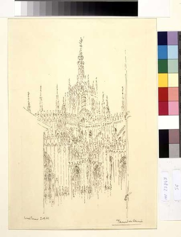 Duomo di Milano, veduta della chiesa di Santa Maria Nascente a Milano (disegno, opera isolata) di Tamberlani Ferdinando (sec. XX)