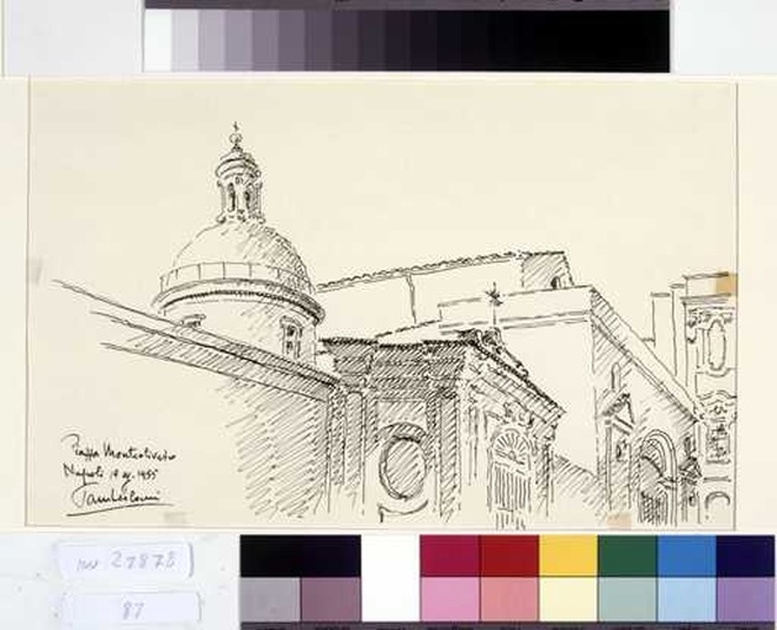 veduta di piazza Monteoliveto a Napoli (disegno, opera isolata) di Tamberlani Ferdinando (sec. XX)