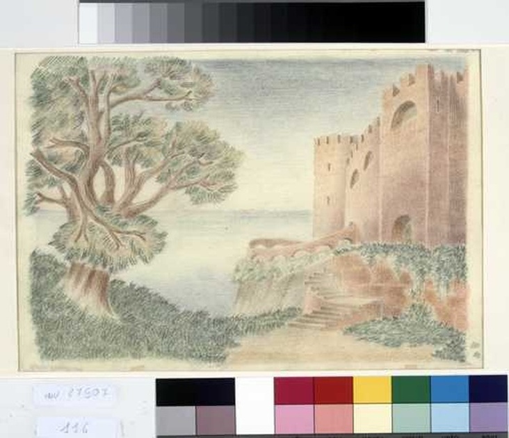 paesaggio marino con castello (disegno, opera isolata) di Tamberlani Ferdinando (prima metà sec. XX)