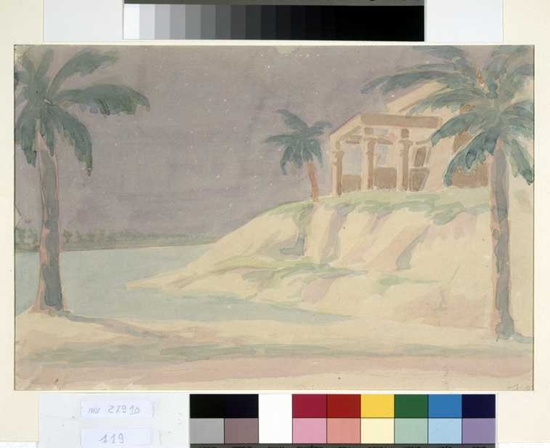 paesaggio fluviale con tempio egizio (disegno, opera isolata) di Tamberlani Ferdinando (prima metà sec. XX)