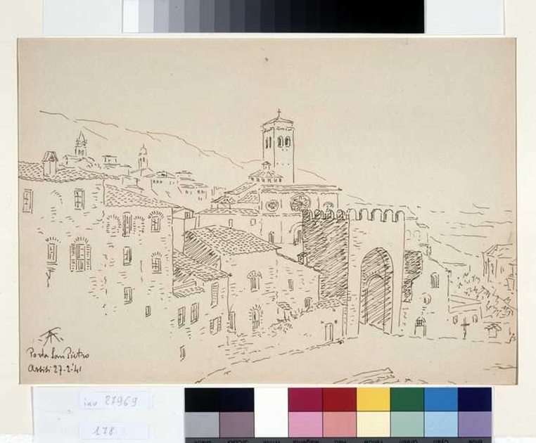 veduta di Assisi (disegno, opera isolata) di Tamberlani Ferdinando (sec. XX)