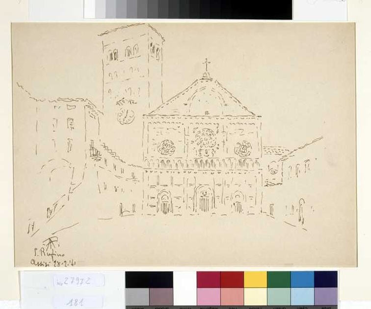 veduta della chiesa di San rufino ad Assisi (disegno, opera isolata) di Tamberlani Ferdinando (sec. XX)