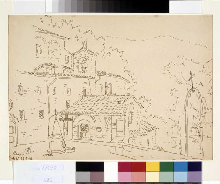 veduta dell'eremo delle carceri ad Assisi (disegno, opera isolata) di Tamberlani Ferdinando (sec. XX)