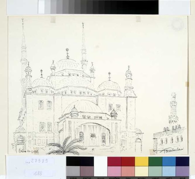 veduta di moschea al Cairo (disegno, opera isolata) di Tamberlani Ferdinando (sec. XX)