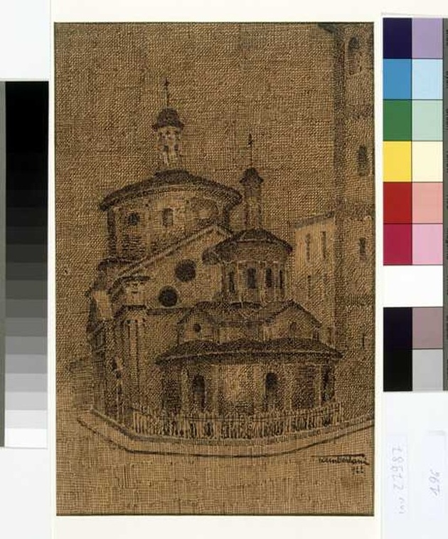 veduta della chiesa di Santa Maria presso San Satiro a Milano (disegno, opera isolata) di Tamberlani Ferdinando (sec. XX)