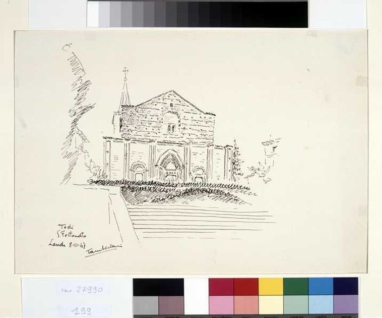veduta della chiesa di San Fortunato a todi (disegno, opera isolata) di Tamberlani Ferdinando (sec. XX)
