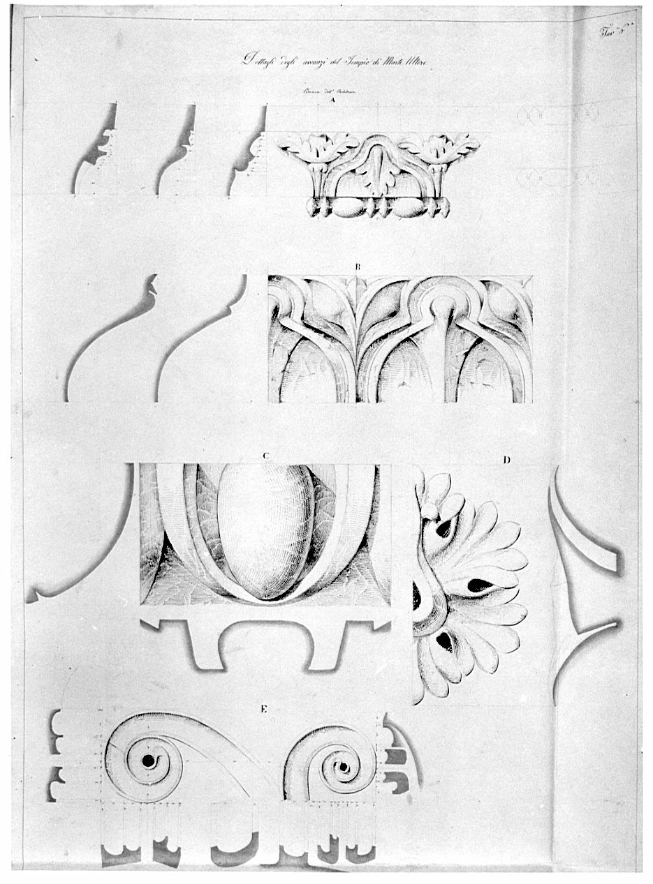 Prospetti e sezioni di ornati, architettura: tempio di Marte Ultore (disegno, opera isolata) di Franzini Bartolomeo (sec. XIX)