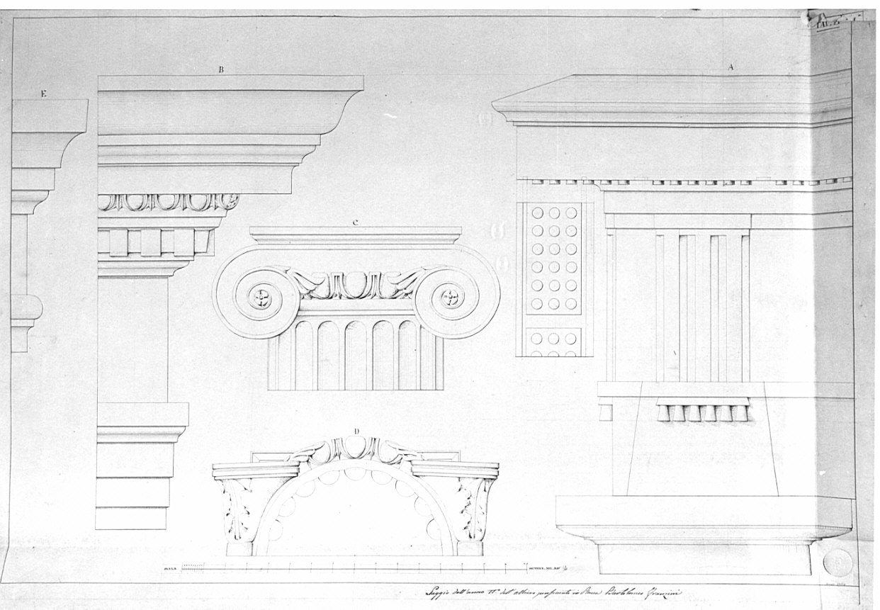 Prospetti e sezioni di capitelli, mensole e architrave, architettura: Tabulario (disegno, opera isolata) di Franzini Bartolomeo (sec. XIX)
