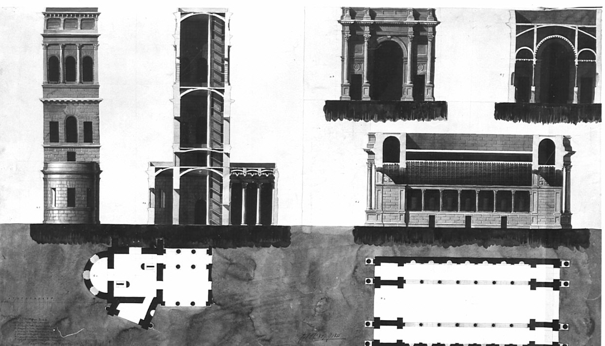 piante, prospetti e sezioni della Torre Meniana e dell'arco trionfale, architettura: Circo Massimo in Roma (disegno, opera isolata) di Donghi Alessandro (sec. XIX)