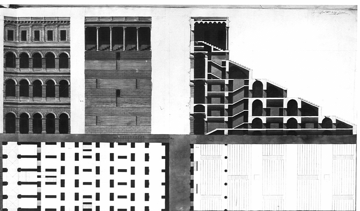 pianta, prospetto e sezione della gradinata, architettura: Circo Massimo in Roma (disegno, opera isolata) di Donghi Alessandro (sec. XIX)