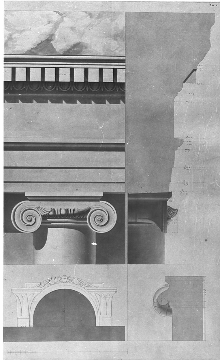 prospetto e sezioni, architettura: rilievo del Teatro di Marcello a Roma (disegno, opera isolata) di Bovara Giuseppe (sec. XIX)