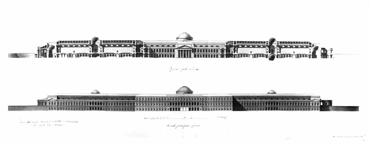 prospetto e sezione, architettura: progetto per ospedale (disegno, opera isolata) di Pisoni Angelo (sec. XIX)