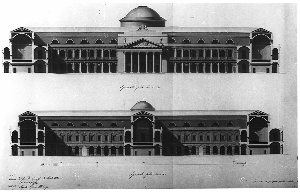 due sezioni, architettura: progetto per ospedale (disegno, opera isolata) di Pisoni Angelo (sec. XIX)