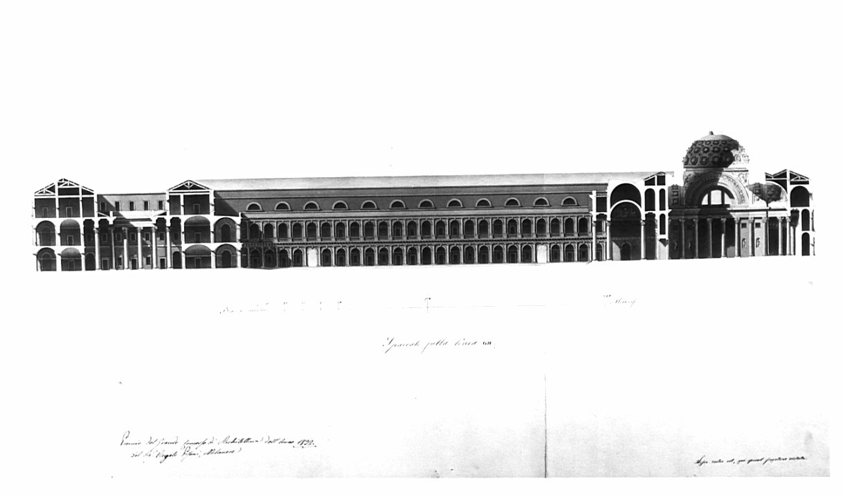 sezione, architettura: progetto per ospedale (disegno, opera isolata) di Pisoni Angelo (sec. XIX)