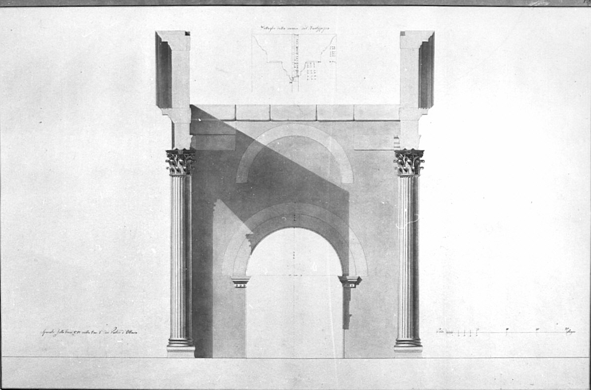 sezione trasversale, architettura: rilievo dei portici di Ottavia (disegno, opera isolata) di Bovara Giuseppe (sec. XIX)