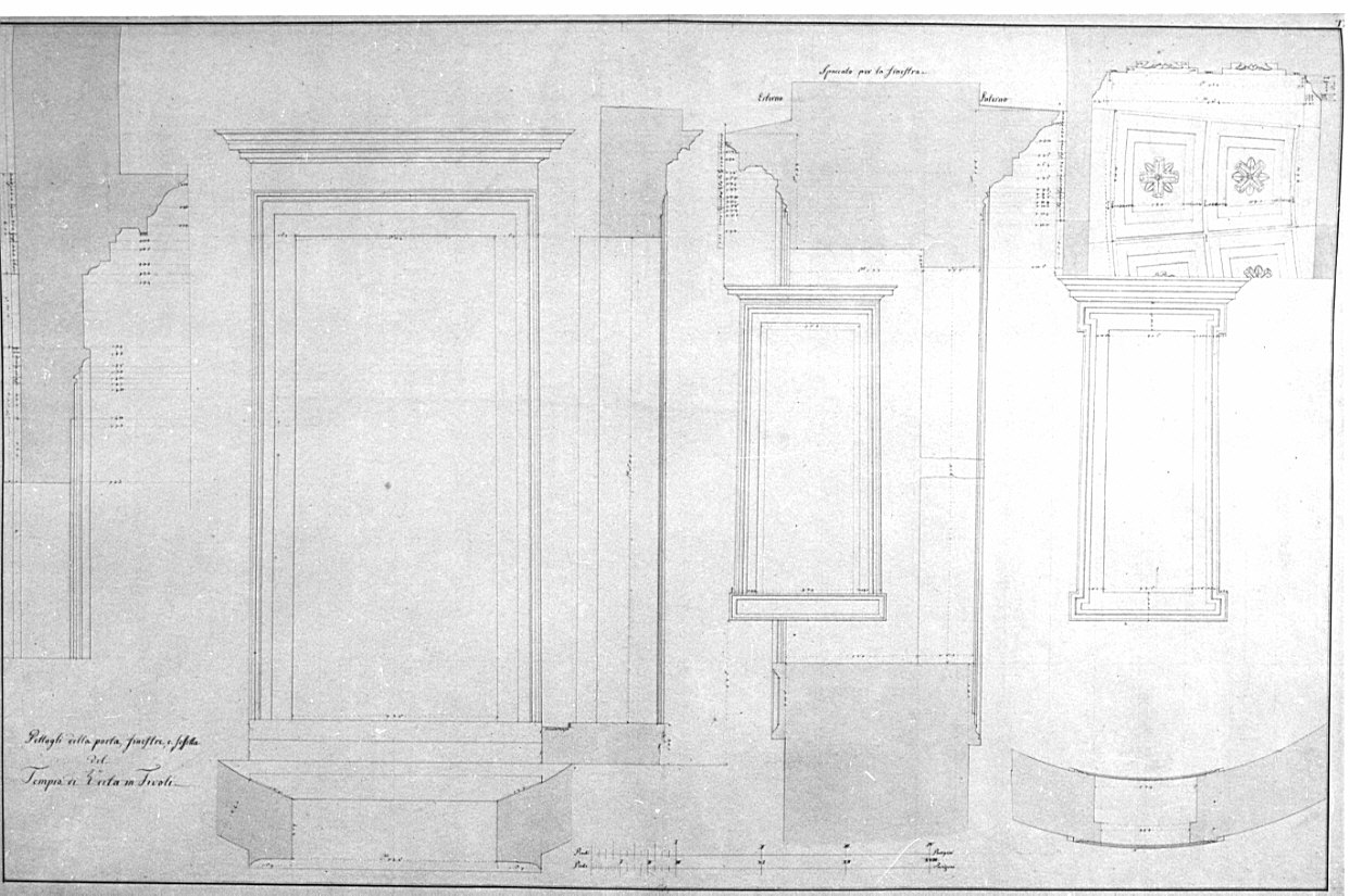 prospetti e sezioni di porta, finestra, soffitto, architettura: rilievo del Tempio di Vesta a Tivoli (disegno, opera isolata) di Bovara Giuseppe (sec. XIX)